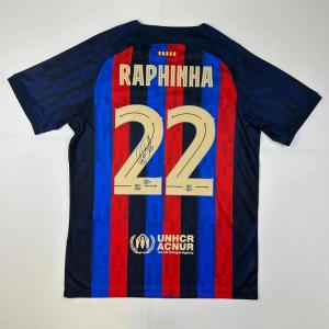 imageAutographedSigned Raphinha Raphael Belloli FC Barcelona Blue Soccer Jersey Beckett BAS COA