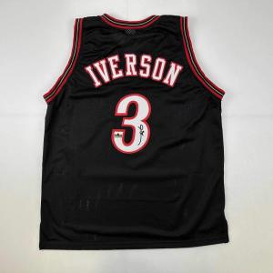 imageFacsimile Autographed Allen Iverson Philadelphia Black Reprint Laser Auto Basketball Jersey Size Mens XL