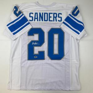 imageFacsimile Autographed Barry Sanders Detroit White Reprint Laser Auto Football Jersey Size Mens XL