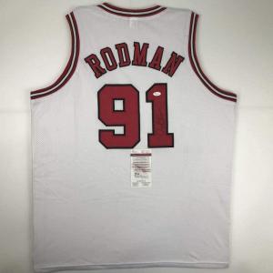 imageAutographedSigned Dennis Rodman Chicago White Basketball Jersey JSA COA