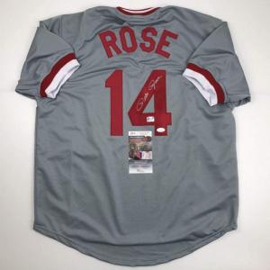imageAutographedSigned Pete Rose Cincinnati Grey Baseball Jersey JSA COA