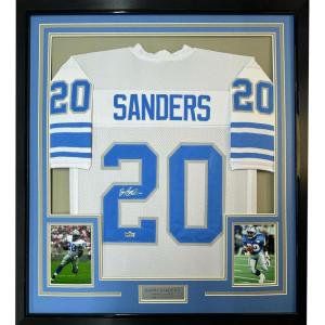 imageFramed Facsimile Autographed Barry Sanders 35x39 Detroit White Reprint Laser Auto Football Jersey