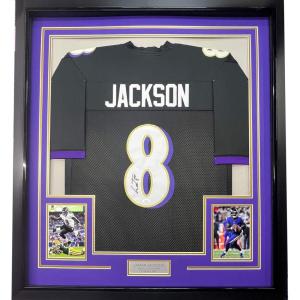 imageFramed AutographedSigned Lamar Jackson 33x42 Baltimore Black Football Jersey JSA COA
