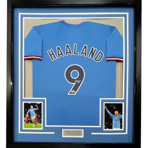 imageFramed Facsimile Autographed Erling Haaland 35x39 Manchester City Blue Reprint Laser Auto Soccer Jersey