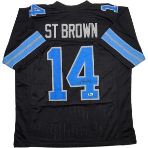imageAutographedSigned AmonRa St Brown Detroit Black Football Jersey Beckett BAS COA