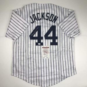 imageAutographedSigned Reggie Jackson New York NY Pinstripe Baseball Jersey JSA COA