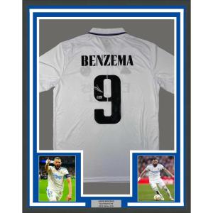 imageFramed AutographedSigned Karim Benzema 35x39 Real Madrid 202223 White Soccer Jersey Beckett BAS COA