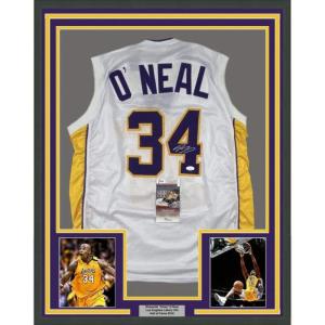 imageFramed AutographedSigned Shaquille Shaq ONeal 33x42 Los Angeles LA White Basketball Jersey JSA COA
