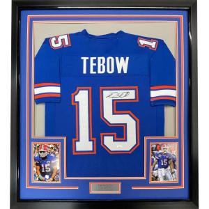 imageFramed AutographedSigned Tim Tebow 35x39 Florida Blue College Football Jersey Beckett BAS COA