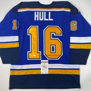 imageAutographedSigned Brett Hull St Louis Blue Yellow Numbers Hockey Jersey JSA COA