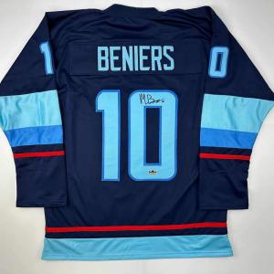 imageFacsimile Autographed Matty Beniers Seattle Blue Reprint Laser Auto Hockey Jersey Size Mens XL