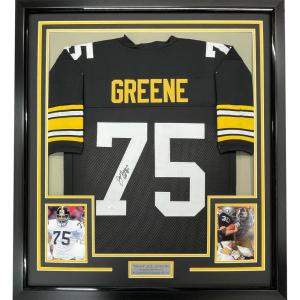 imageFramed AutographedSigned Mean Joe GreenequotHOF 87quot 33x42 Pittsburgh Steelers Black Football Jersey JSA COA