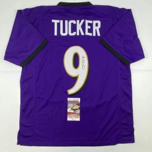 imageAutographedSigned Justin Tucker Baltimore Purple Football Jersey JSA COA