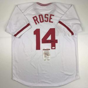 imageAutographedSigned Pete Rose Cincinnati White Baseball Jersey JSA COA
