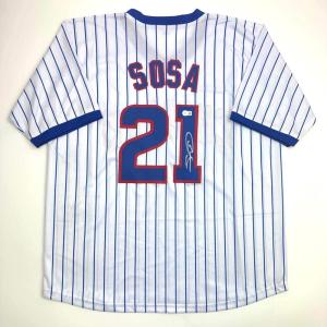imageAutographedSigned Sammy Sosa Chicago Pinstripe Baseball Jersey Beckett BAS COA