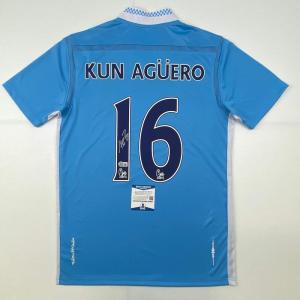 imageAutographedSigned Sergio Kun Aguero Manchester City Blue Soccer Futbol Jersey Beckett BAS COA
