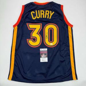 imageAutographedSigned Stephen Steph Curry Golden State Navy Blue Throwback Basketball Jersey JSA COA