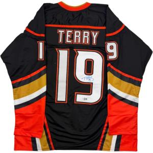 imageAutographedSigned Troy Terry Anaheim Black Hockey Jersey Beckett BAS COA