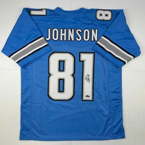 imageFacsimile Autographed Calvin Johnson Detroit Blue Reprint Laser Auto Football Jersey Size Mens XL