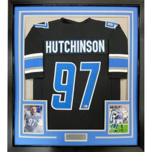 imageFramed AutographedSigned Aidan Hutchinson 35x39 Detroit Black Football Jersey Beckett BAS COA