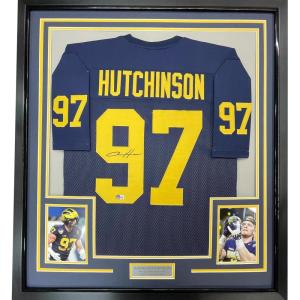 imageFramed AutographedSigned Aidan Hutchinson 35x39 Michigan Blue College Football Jersey Beckett BAS COA