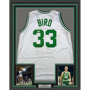 imageFramed AutographedSigned Larry Bird 35x39 Boston White Basketball Jersey Beckett BAS COA