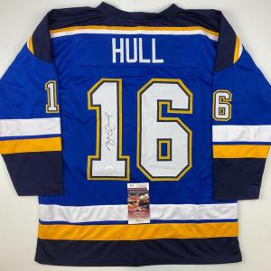 imageAutographedSigned Brett Hull St Louis Blue White Numbers Hockey Jersey JSA COA