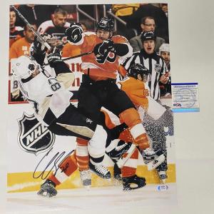 imageAutographedSigned Claude Giroux Philadelphia Flyers Sidney Crosby Hit 16x20 Hockey Photo PSADNA COA