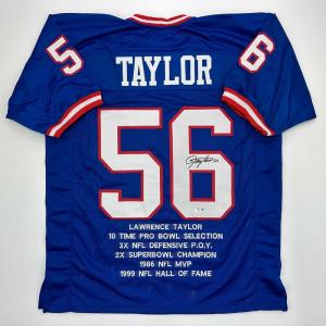 imageAutographedSigned Lawrence Taylor New York Blue Stat Football Jersey Beckett BAS COA