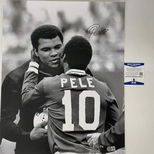 imageAutographedSigned Pele Brazil Soccer Futbol 16x20 Photo with Muhammad Ali Beckett BAS COA Auto