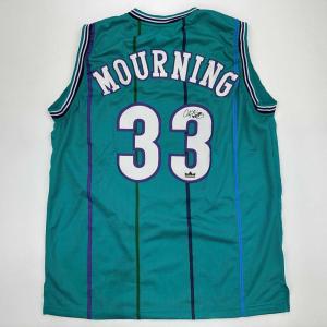 imageFacsimile Autographed Alonzo Mourning Charlotte Teal Reprint Laser Auto Basketball Jersey Size Mens XL