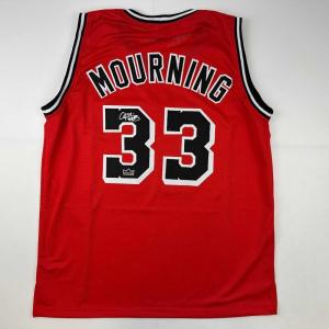 imageFacsimile Autographed Alonzo Mourning Miami Red Reprint Laser Auto Basketball Jersey Size Mens XL