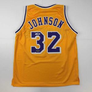 imageFacsimile Autographed Earvin Magic Johnson Los Angeles LA Yellow Reprint Laser Auto Basketball Jersey Size Mens XL