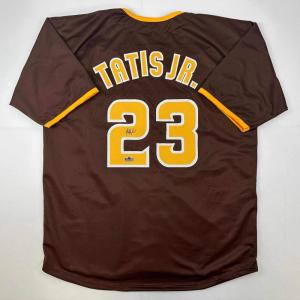 imageFacsimile Autographed Fernando Tatis Jr San Diego Brown Reprint Laser Auto Baseball Jersey Size Mens XL