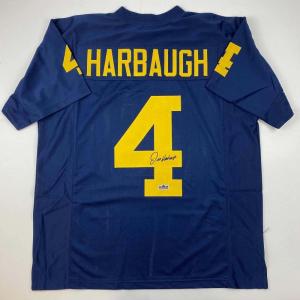 imageFacsimile Autographed Jim Harbaugh Michigan Blue Reprint Laser Auto College Football Jersey Size Mens XL