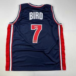 imageFacsimile Autographed Larry Bird United States Team USA Olympics Blue Reprint Laser Auto Basketball Jersey Size Mens XL