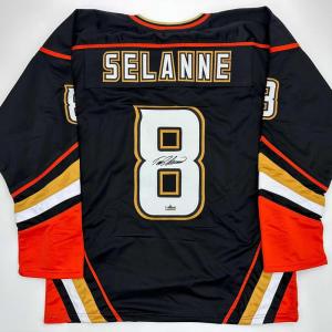 imageFacsimile Autographed Teemu Selanne Anaheim Black Reprint Laser Auto Hockey Jersey Size Mens XL