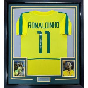 imageFramed AutographedSigned Ronaldinho 35x39 Brazil Yellow Soccer Futbol Jersey Beckett BAS COA