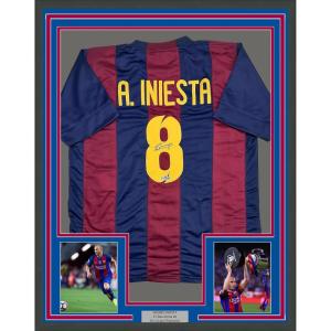 imageFramed Facsimile Autographed Andres Iniesta 35x39 FC Barcelona BlueRed Reprint Laser Auto Soccer Jersey