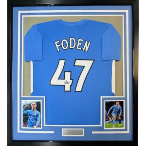 imageFramed Facsimile Autographed Phil Foden 35x39 Manchester City Blue Reprint Laser Auto Soccer Jersey