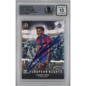 imageGraded 202324 Topps UCC Lamine Yamal EN10 European Nights Signed Rookie RC Soccer Card Beckett BAS BGS Auto 10