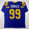imageFacsimile Autographed Aaron Donald Los Angeles LA Royal Blue Retro Reprint Laser Auto Football Jersey Size Mens XL