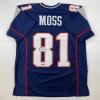 imageFacsimile Autographed Randy Moss New England Blue Reprint Laser Auto Football Jersey Size Mens XL