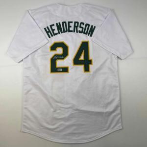 imageAutographedSigned Rickey Henderson Oakland White Baseball Jersey Beckett BAS COA