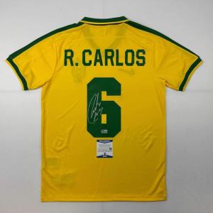 imageAutographedSigned Roberto Carlos Brazil Yellow Retro Soccer Jersey Beckett BAS COA