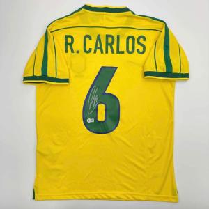 imageAutographedSigned Roberto Carlos Brazil Yellow Soccer Jersey Beckett BAS COA