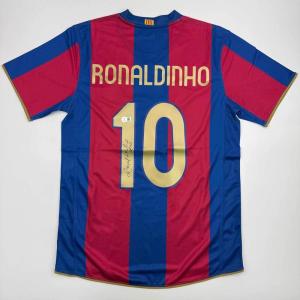imageAutographedSigned Ronaldinho Barcelona BlueRed Soccer Jersey Beckett BAS COA