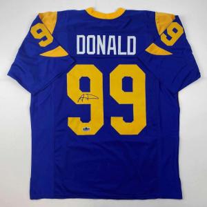 imageFacsimile Autographed Aaron Donald Los Angeles LA Royal Blue Retro Reprint Laser Auto Football Jersey Size Mens XL