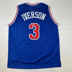 imageFacsimile Autographed Allen Iverson Philadelphia Blue Reprint Laser Auto Basketball Jersey Size Mens XL