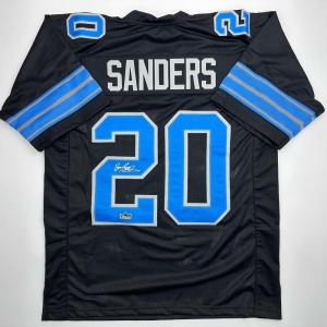imageFacsimile Autographed Barry Sanders Detroit Black Reprint Laser Auto Football Jersey Size Mens XL